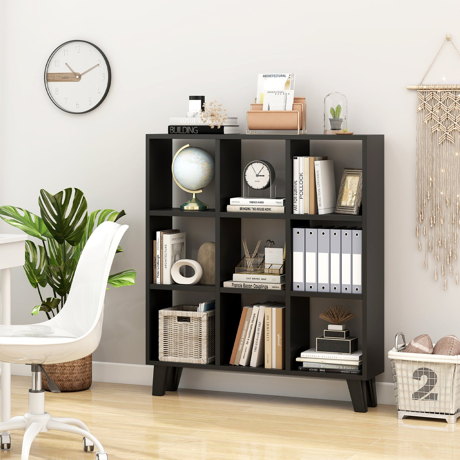 9-Cube Bookcase with 6 Removable Shelves and Raised Support Feet