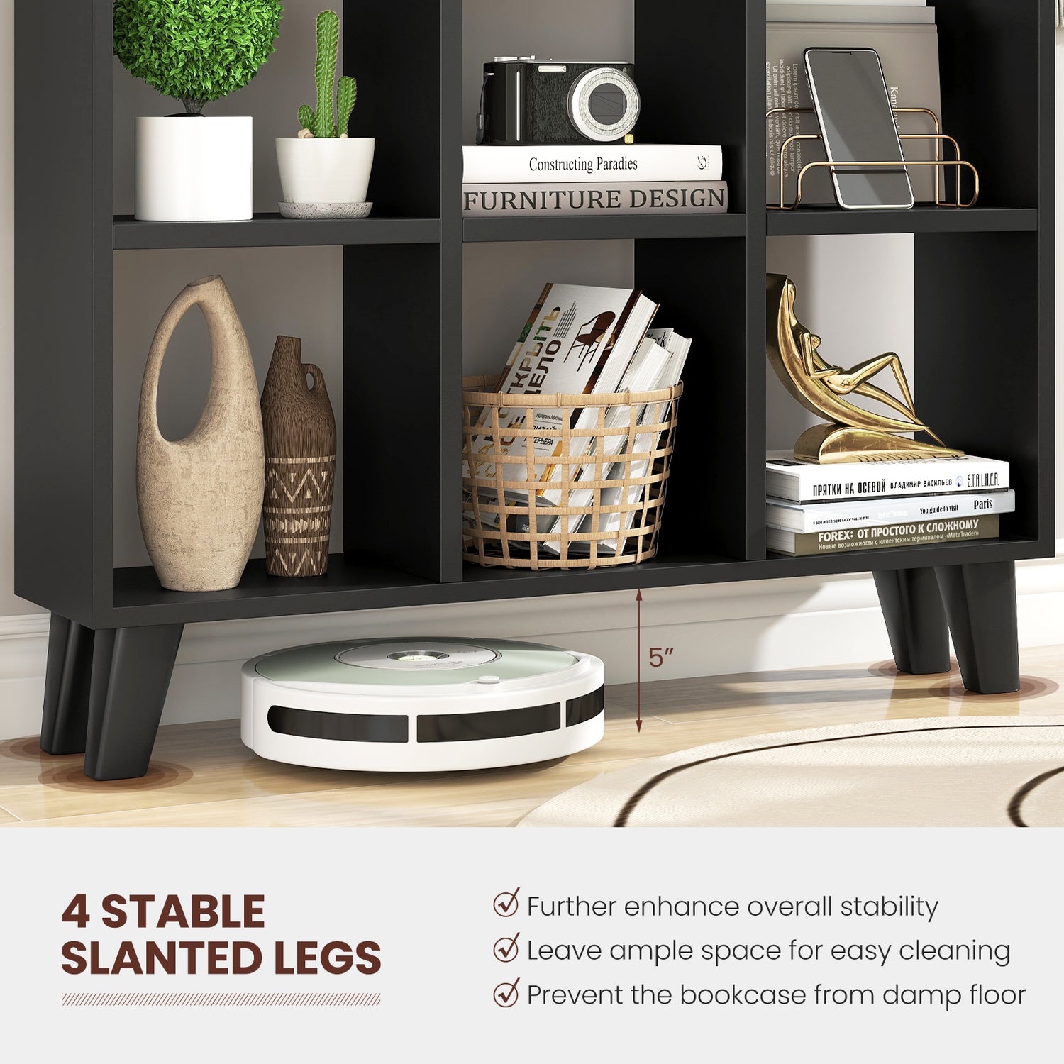 9-Cube Bookcase with 6 Removable Shelves and Raised Support Feet