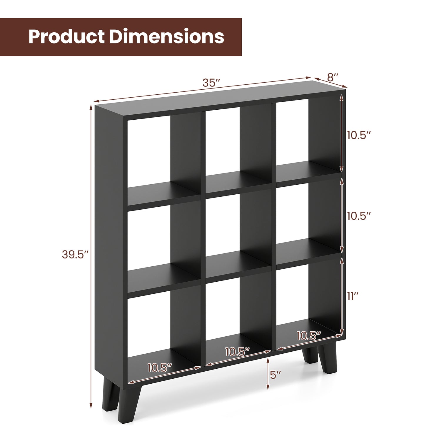 9-Cube Bookcase with 6 Removable Shelves and Raised Support Feet