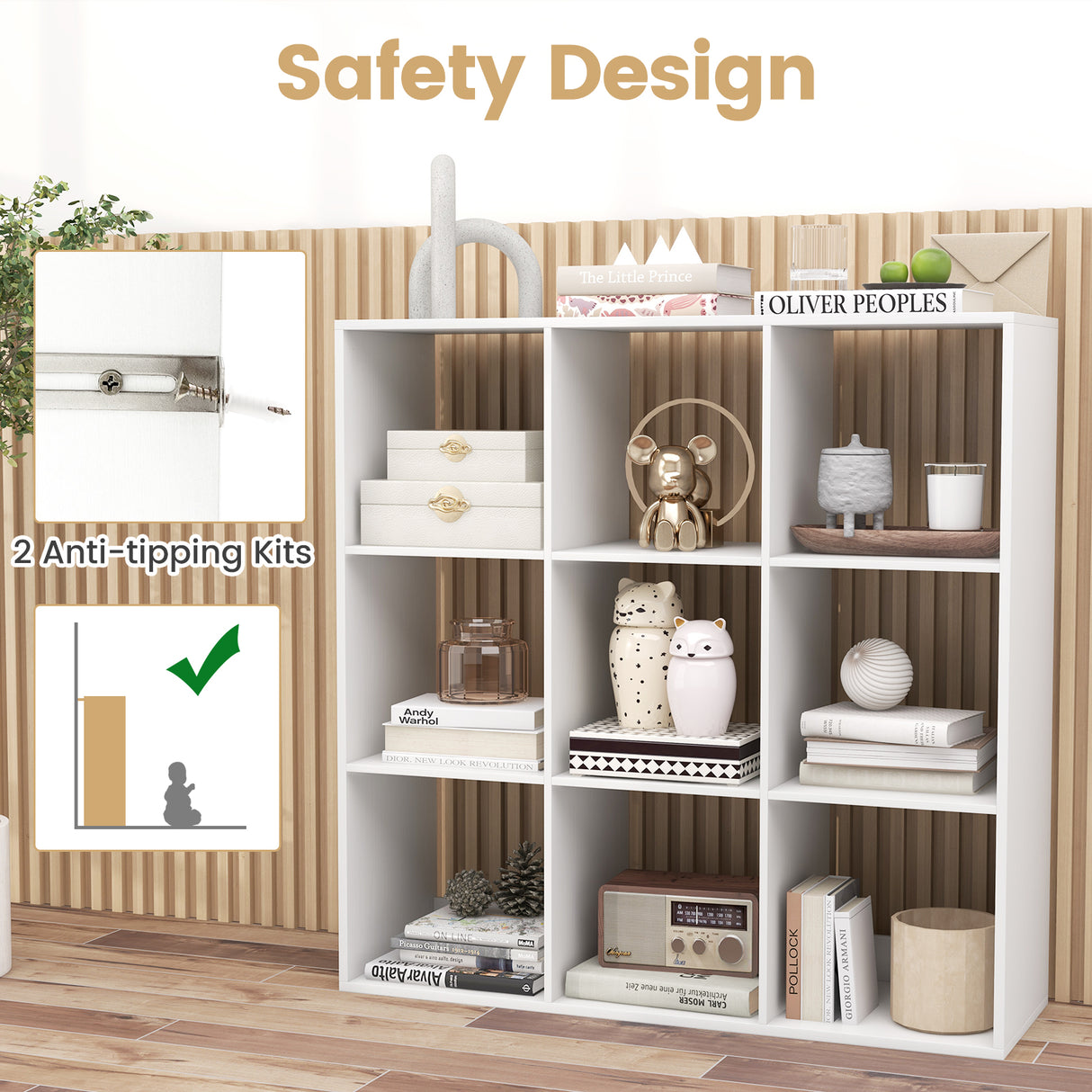 9 Cube Bookshelf with Back Guardrail for Living Room Bedroom-White