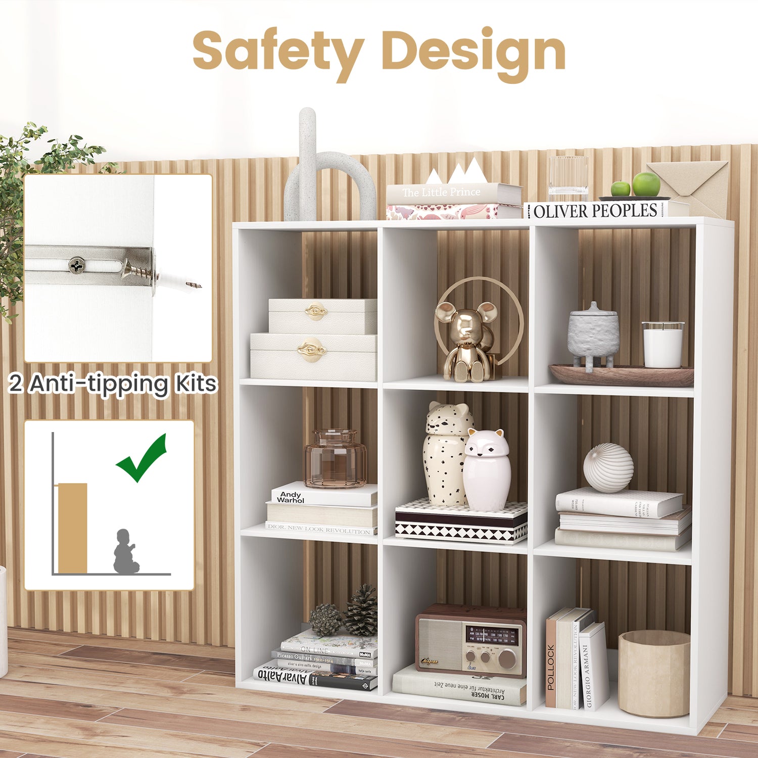 9 Cube Bookshelf with Back Guardrail for Living Room Bedroom-White