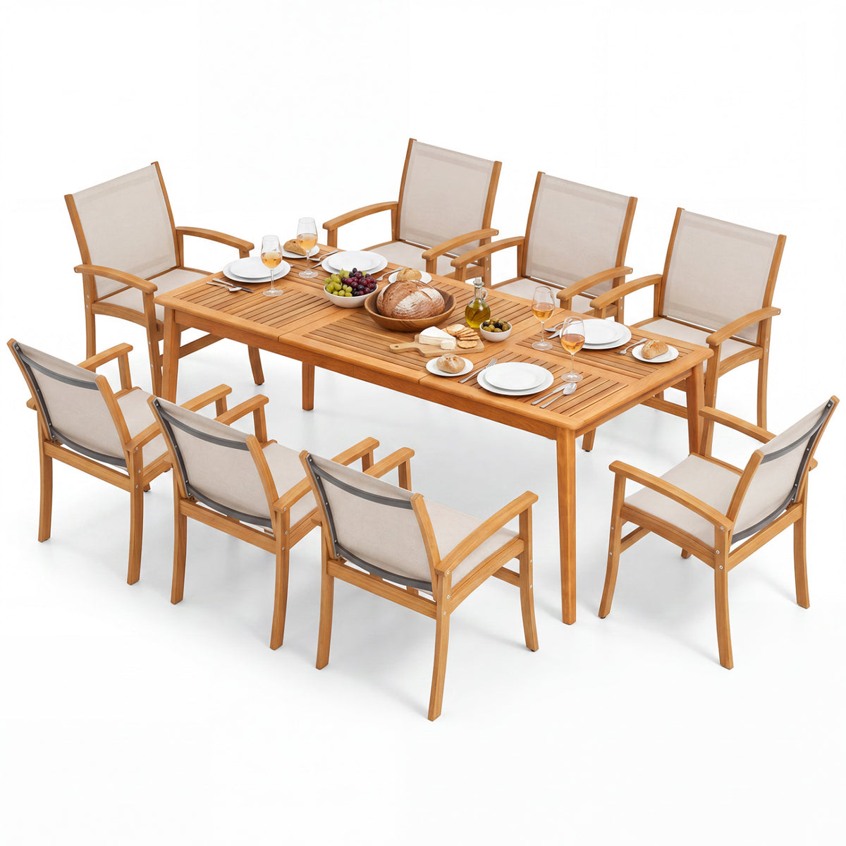 9-Piece Acacia Wood Outdoor Patio Dining Set with 80â Rectangular Table and Breathable Fabric Armchairs-Yellow