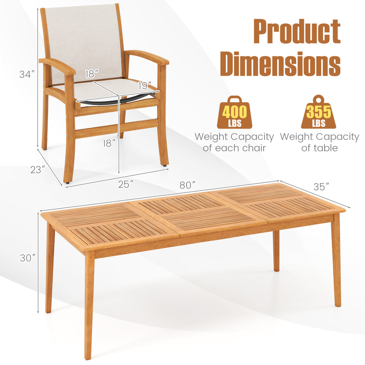 9-Piece Acacia Wood Outdoor Patio Dining Set with 80â Rectangular Table and Breathable Fabric Armchairs-Yellow