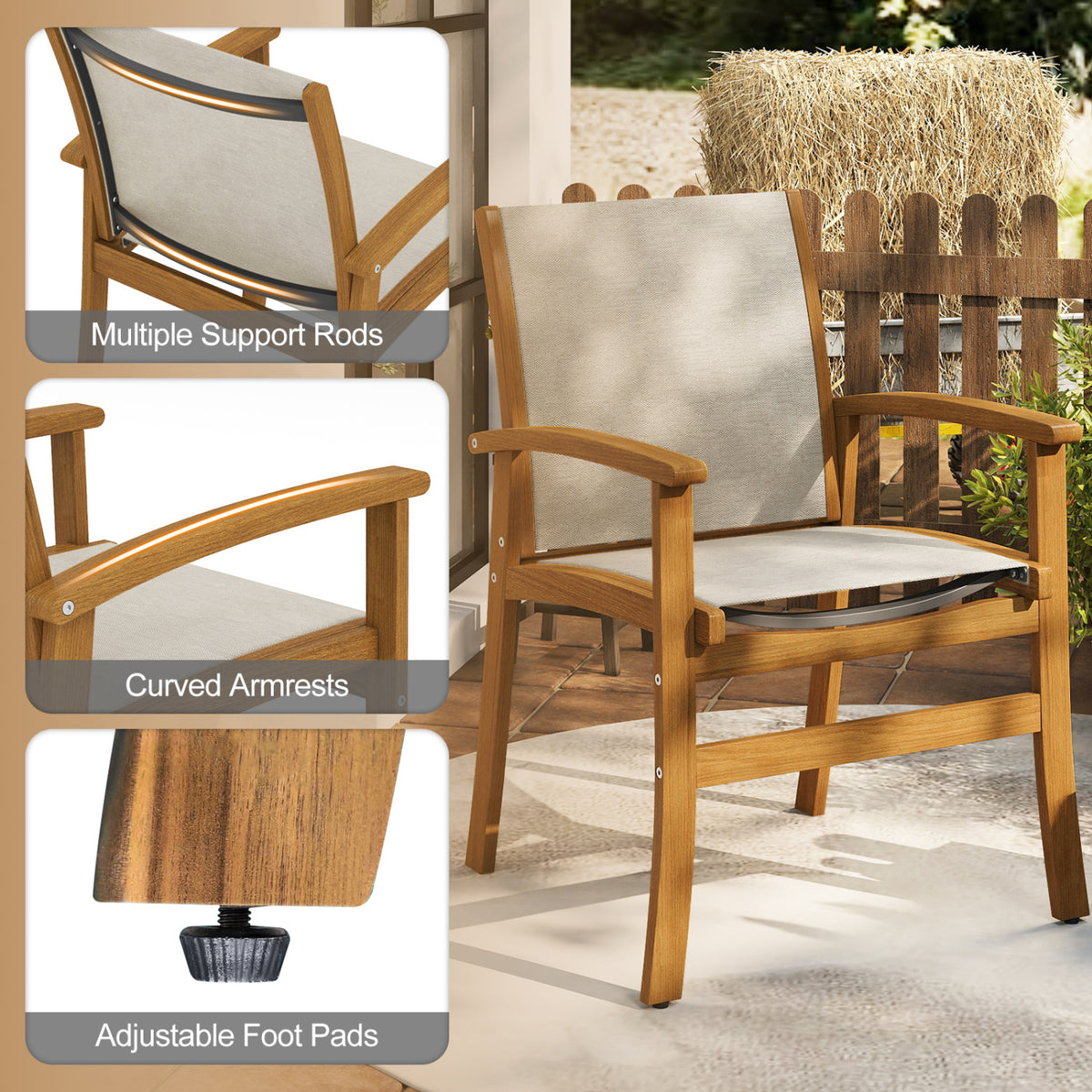 9-Piece Acacia Wood Outdoor Patio Dining Set with 80â Rectangular Table and Breathable Fabric Armchairs-Yellow