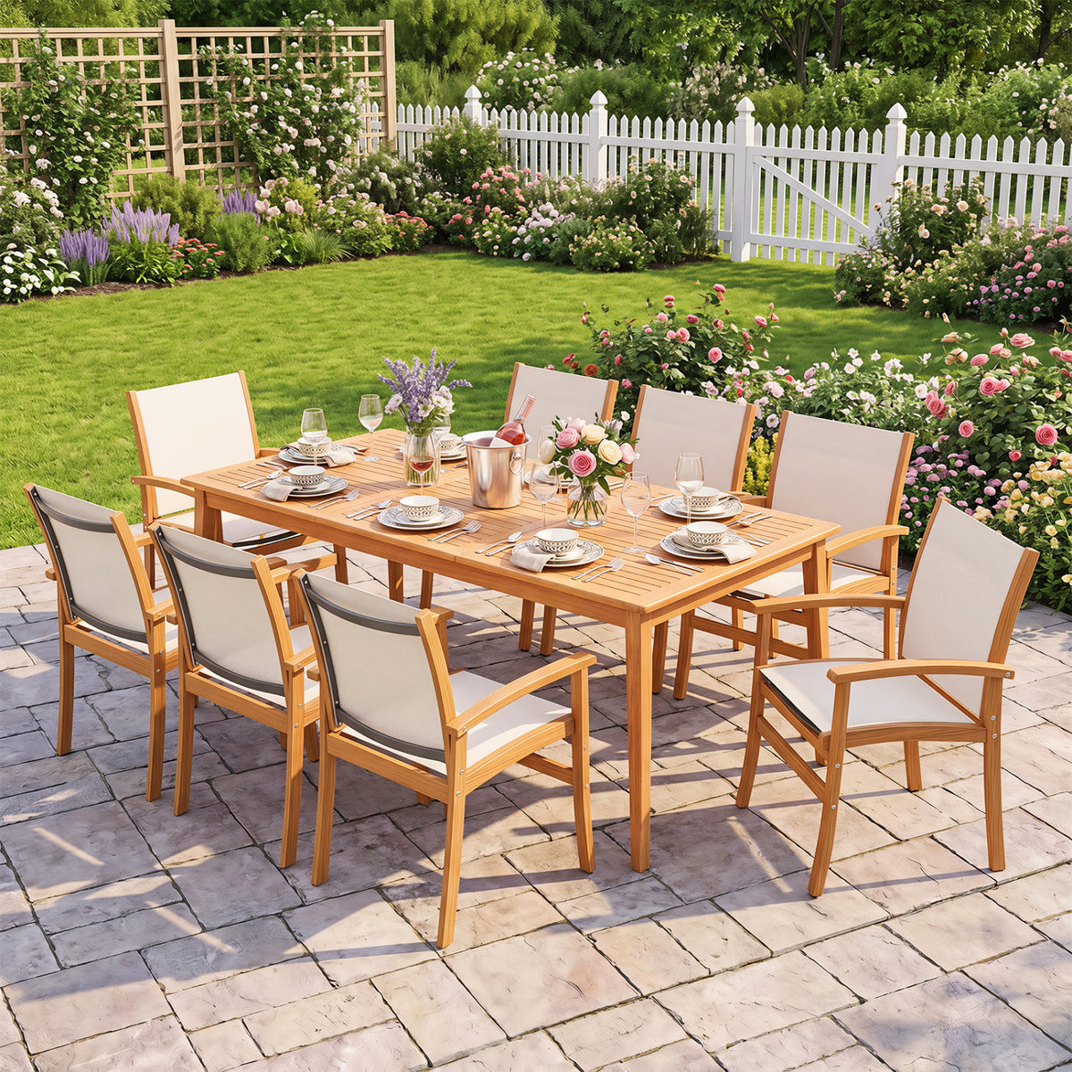 9-Piece Acacia Wood Outdoor Patio Dining Set with 80â Rectangular Table and Breathable Fabric Armchairs-Yellow