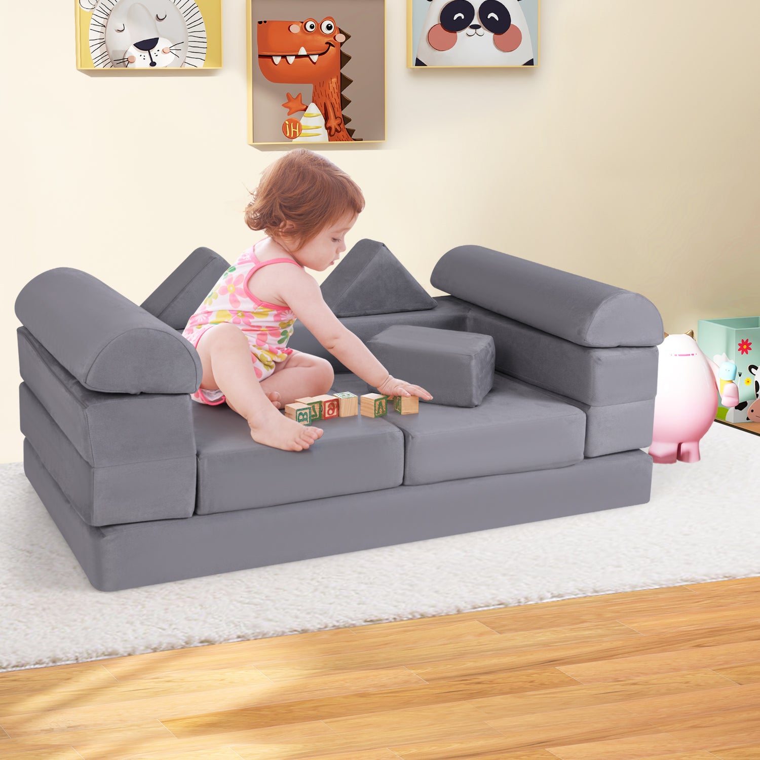 9-Piece Climb and Crawl Foam and Floor Playset with Breathable Suede Fabric