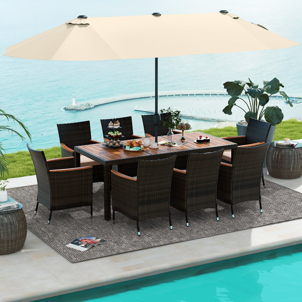 10 Piece Outdoor Dining Set with 15 Feet Double-Sided Twin Patio Umbrella