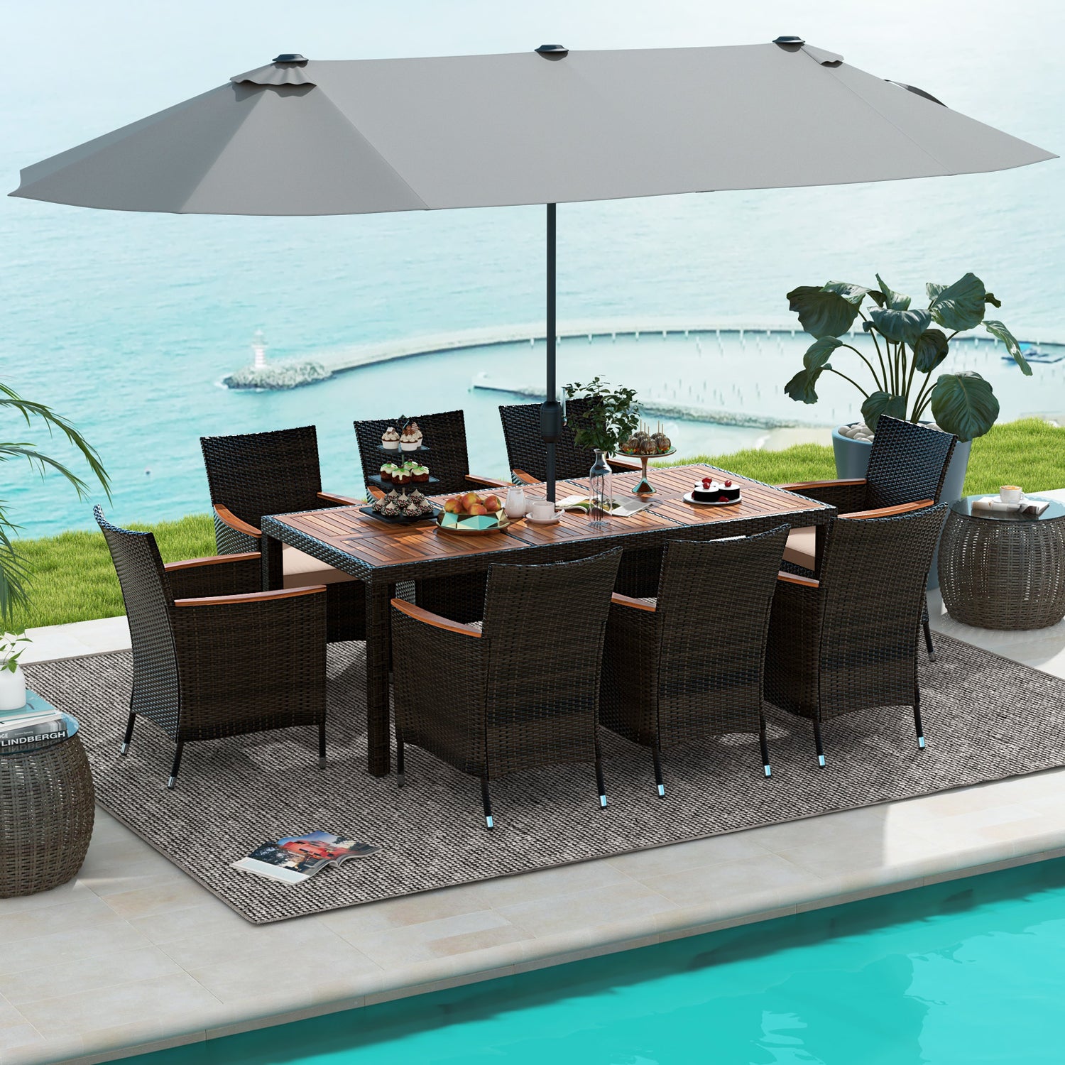 10 Piece Outdoor Dining Set with 15 Feet Double-Sided Twin Patio Umbrella