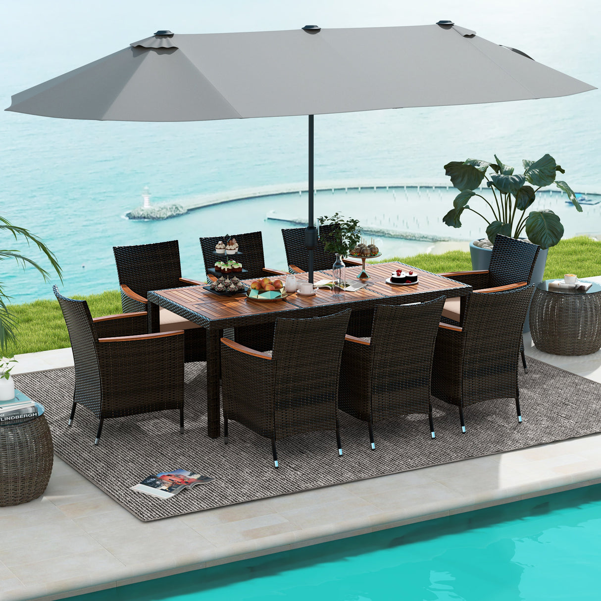 10 Piece Outdoor Dining Set with 15 Feet Double-Sided Twin Patio Umbrella
