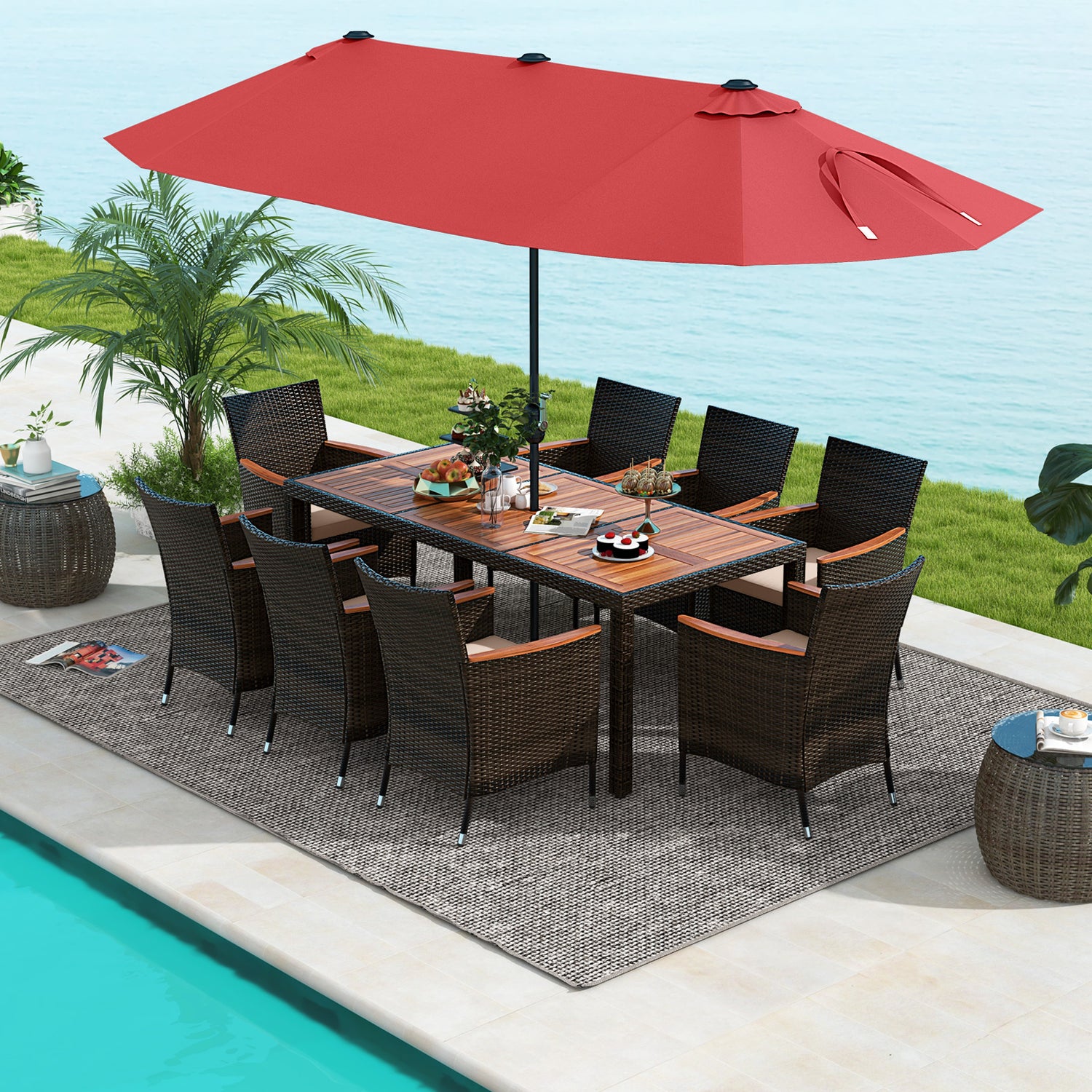 10 Piece Outdoor Dining Set with 15 Feet Double-Sided Twin Patio Umbrella