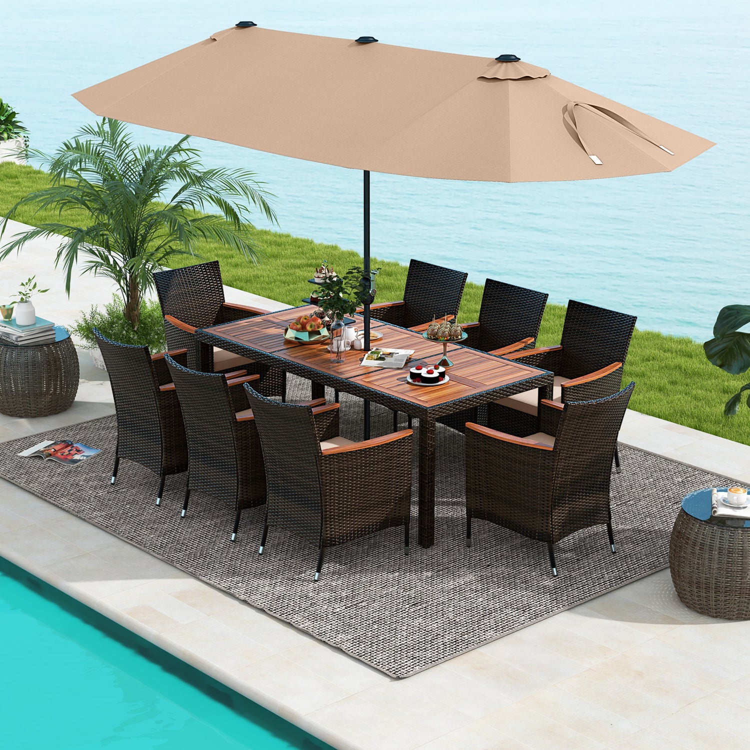 10 Piece Outdoor Dining Set with 15 Feet Double-Sided Twin Patio Umbrella