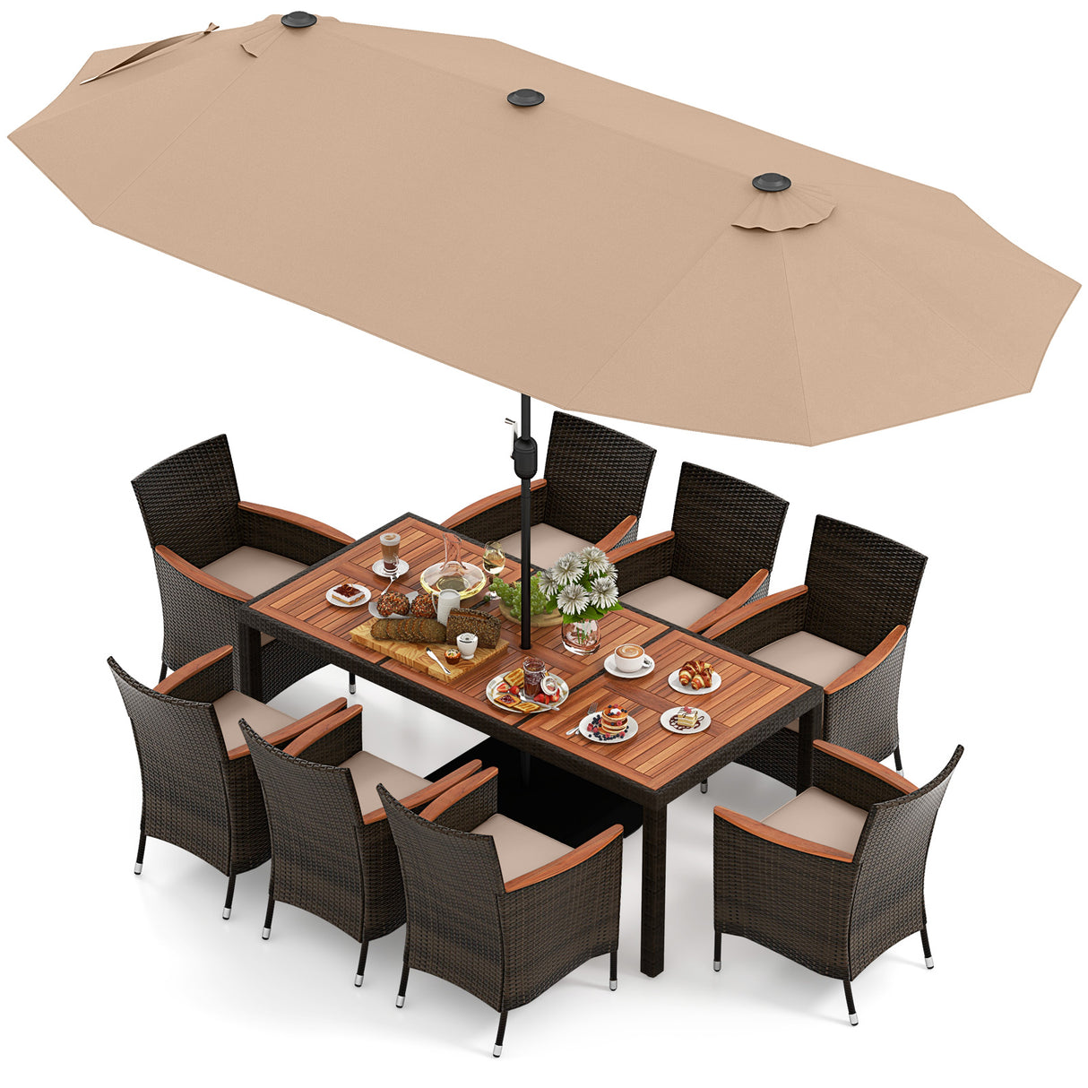 10 Piece Outdoor Dining Set with 15 Feet Double-Sided Twin Patio Umbrella