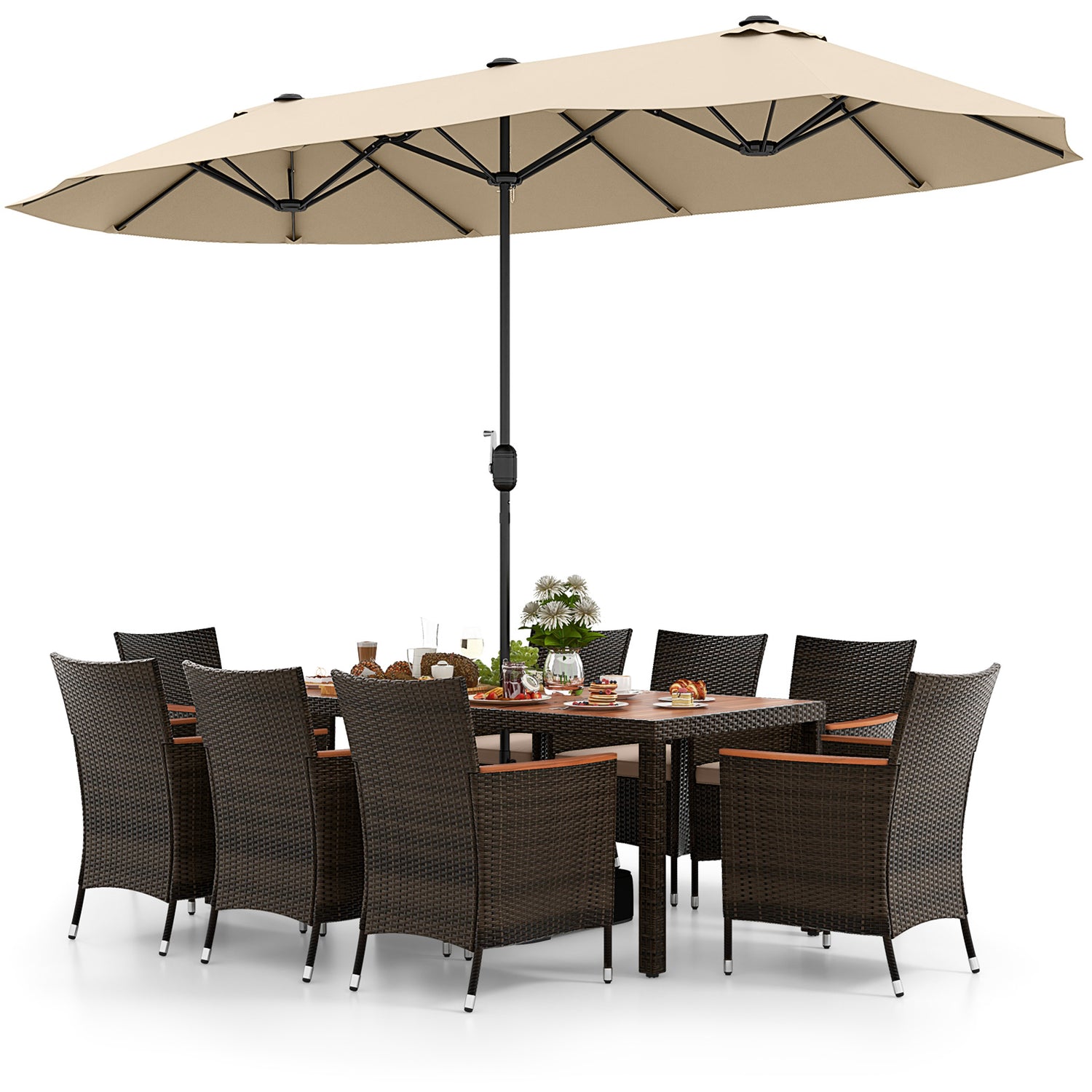 10 Piece Outdoor Dining Set with 15 Feet Double-Sided Twin Patio Umbrella