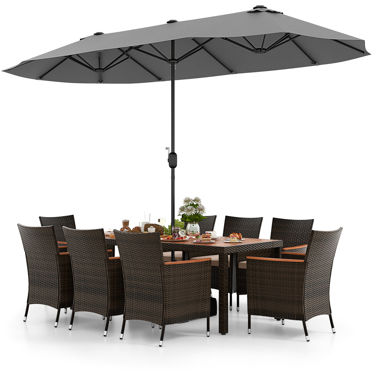 10 Piece Outdoor Dining Set with 15 Feet Double-Sided Twin Patio Umbrella