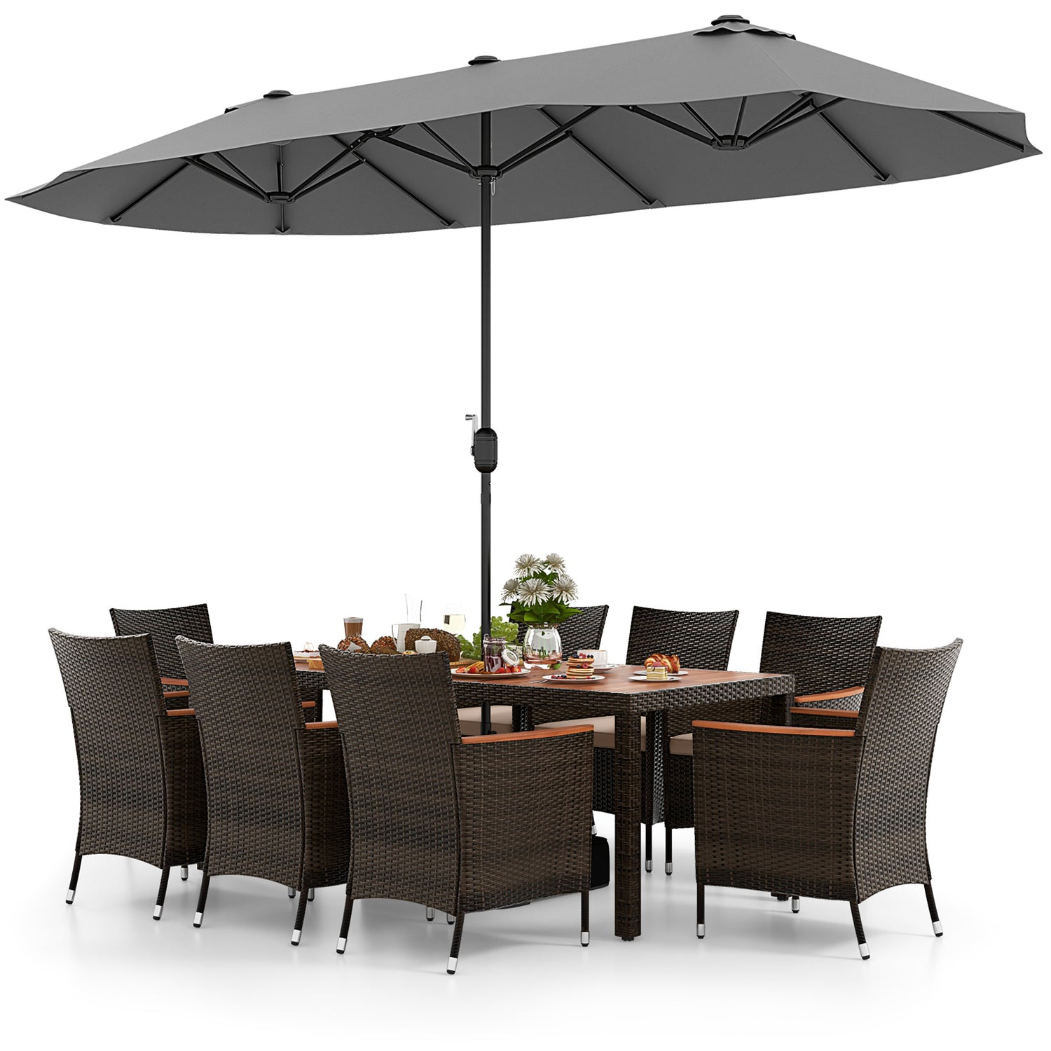 10 Piece Outdoor Dining Set with 15 Feet Double-Sided Twin Patio Umbrella