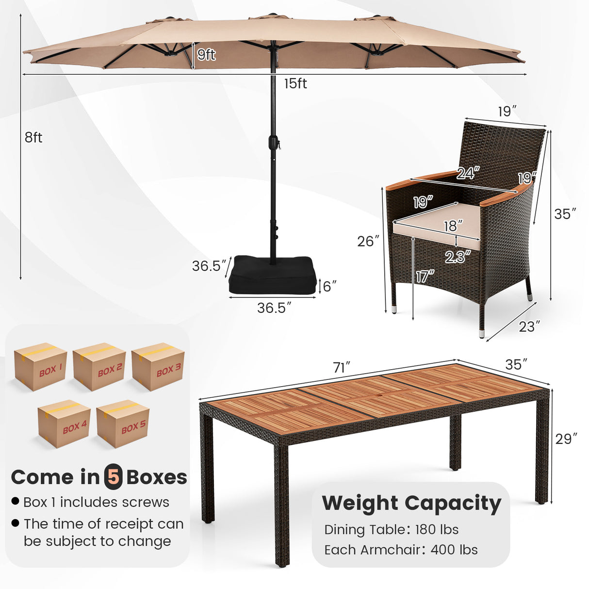 10 Piece Outdoor Dining Set with 15 Feet Double-Sided Twin Patio Umbrella