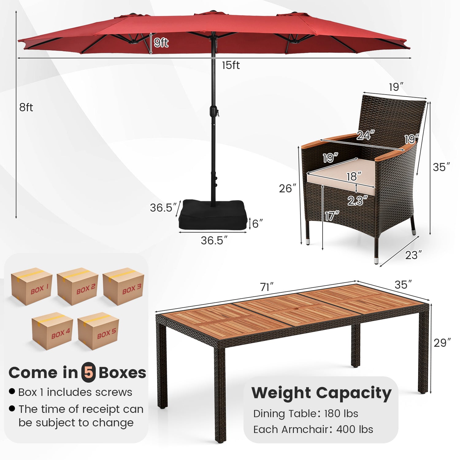 10 Piece Outdoor Dining Set with 15 Feet Double-Sided Twin Patio Umbrella