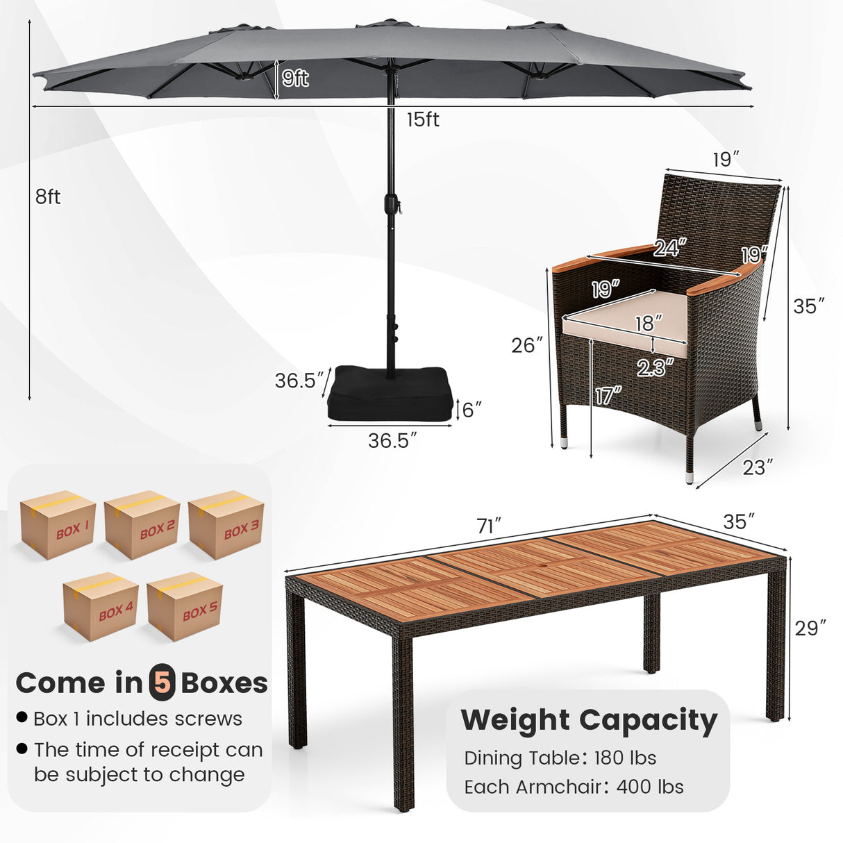 10 Piece Outdoor Dining Set with 15 Feet Double-Sided Twin Patio Umbrella