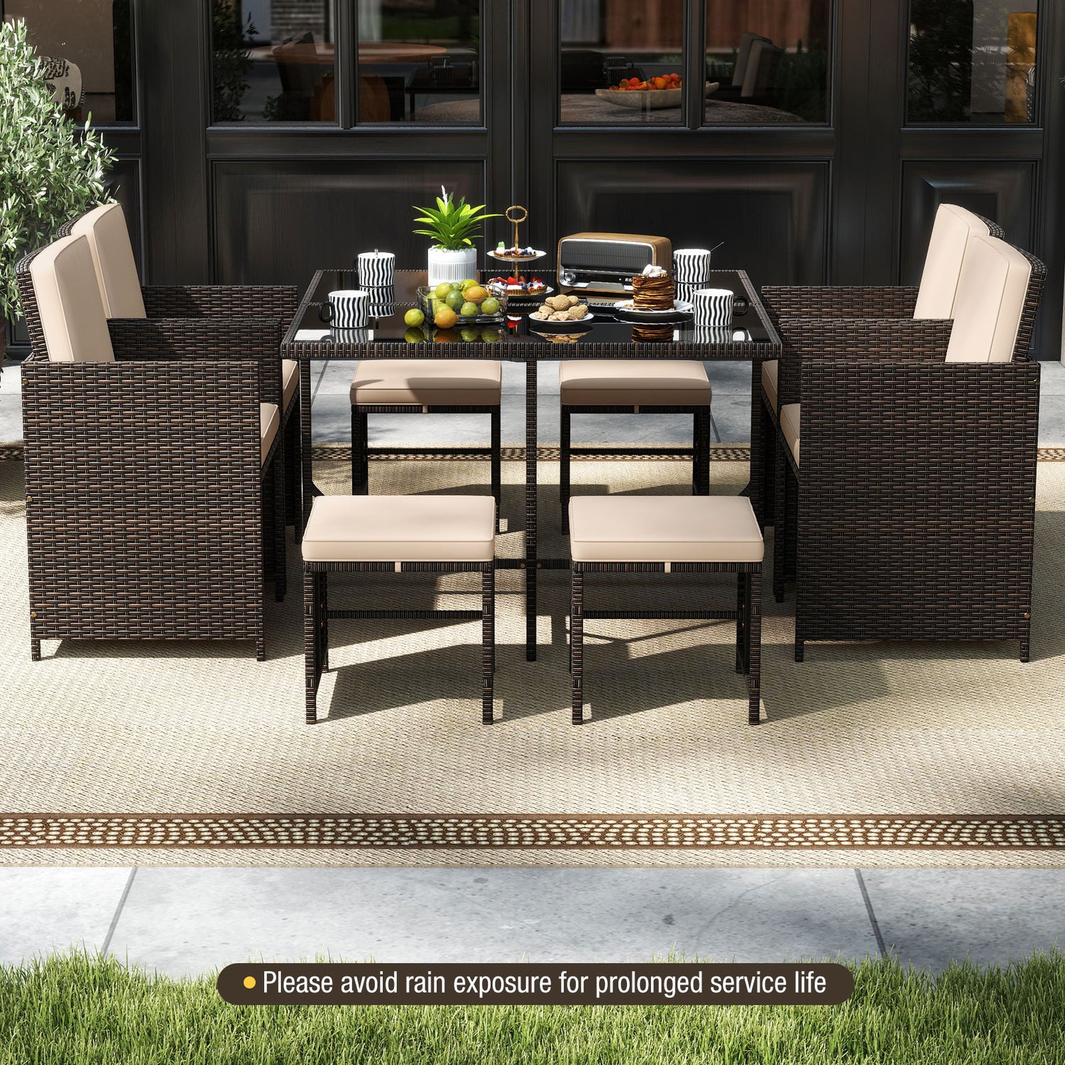 9 Piece Patio Dining Set with Tempered Glass Table and Ottoman