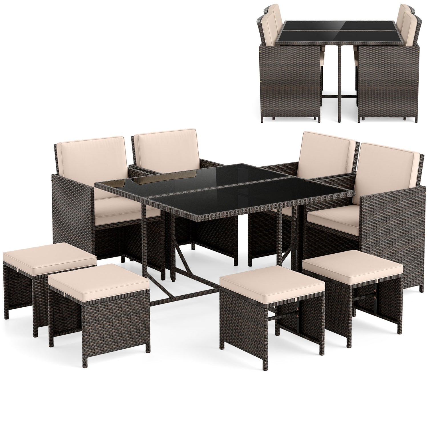 9 Piece Patio Dining Set with Tempered Glass Table and Ottoman