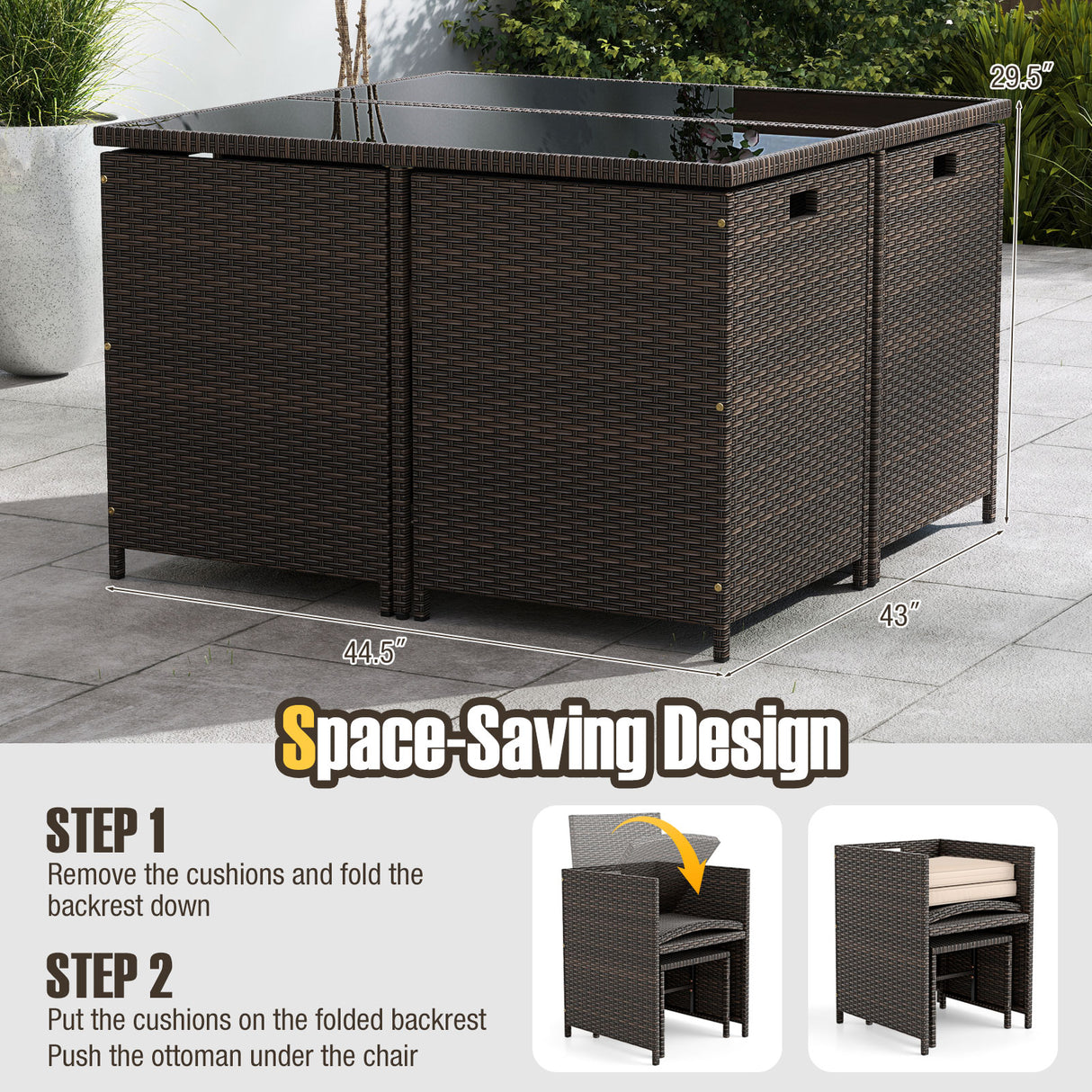 9 Piece Patio Dining Set with Tempered Glass Table and Ottoman
