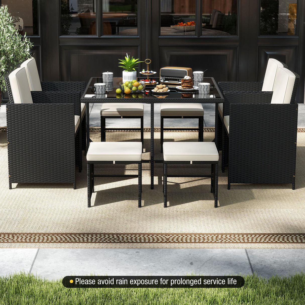 9 Piece Patio Dining Set with Tempered Glass Table and Ottoman