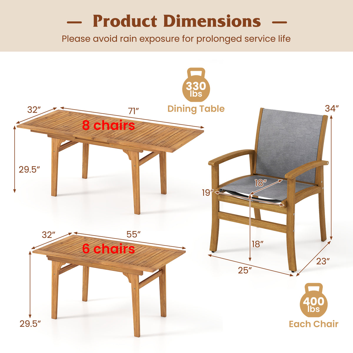 9 Pieces Acacia Wood Patio Dining Set for 6-8