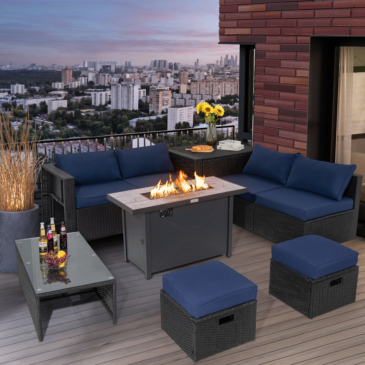 9 Pieces Outdoor PE Rattan Wicker Sectional Sofa with 42 Inch 60 000 BTU Gas Fire Pit Table