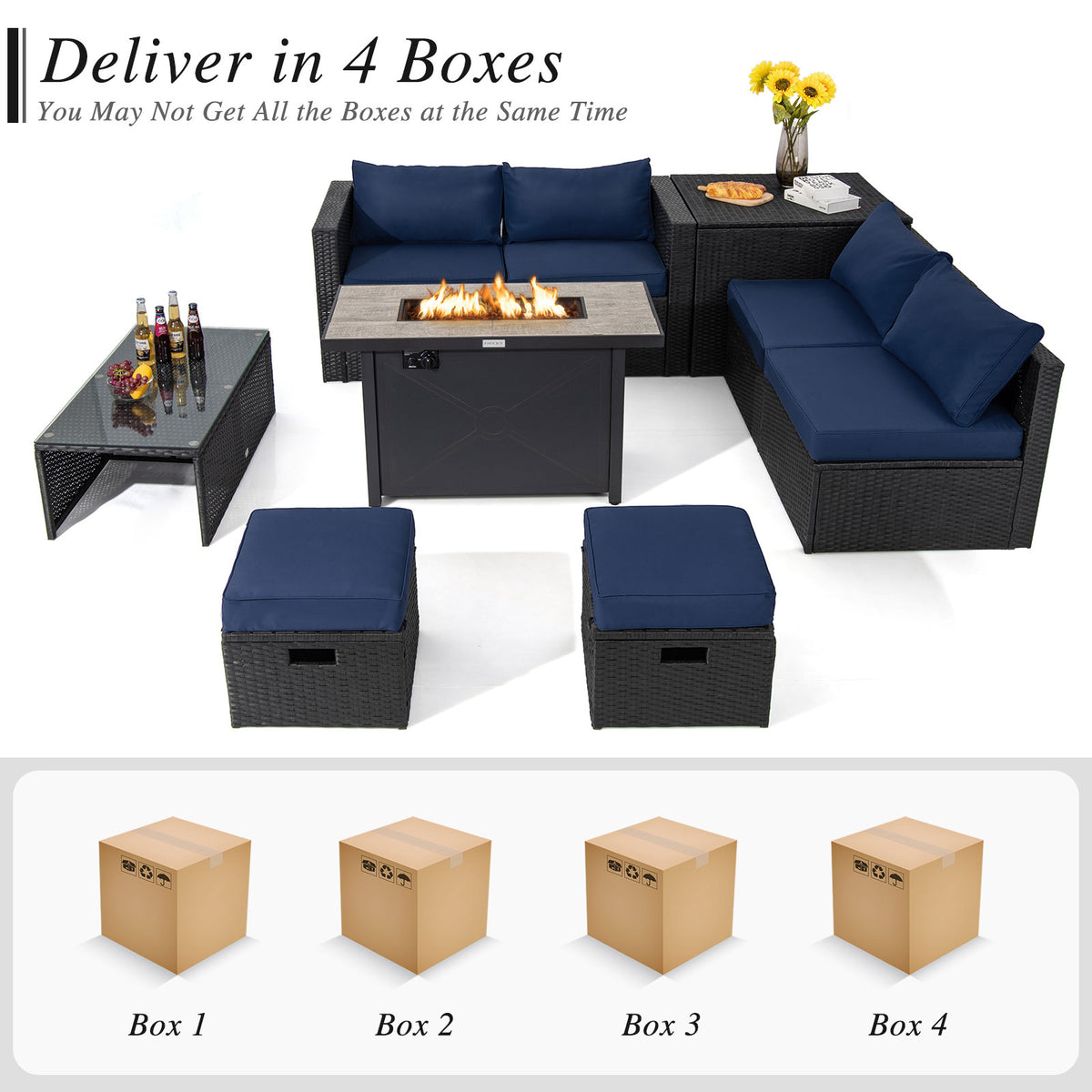 9 Pieces Outdoor PE Rattan Wicker Sectional Sofa with 42 Inch 60 000 BTU Gas Fire Pit Table