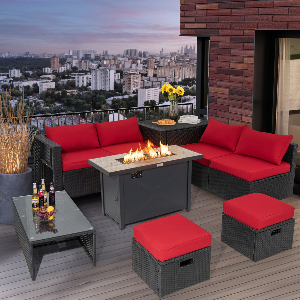 9 Pieces Outdoor PE Rattan Wicker Sectional Sofa with 42 Inch 60 000 BTU Gas Fire Pit Table