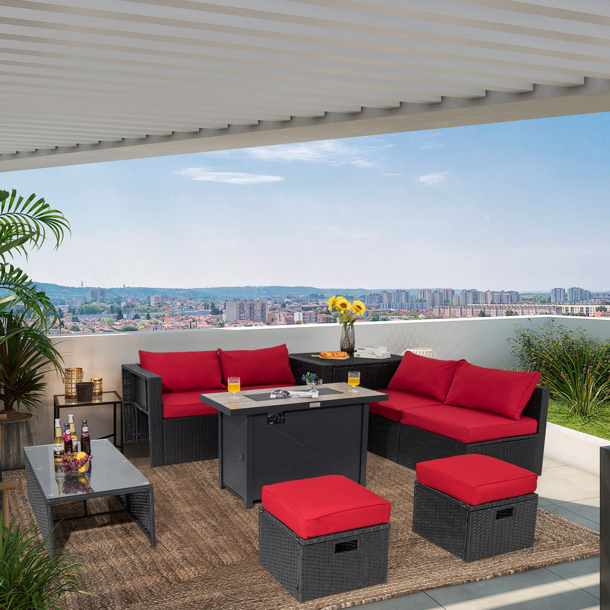 9 Pieces Outdoor PE Rattan Wicker Sectional Sofa with 42 Inch 60 000 BTU Gas Fire Pit Table