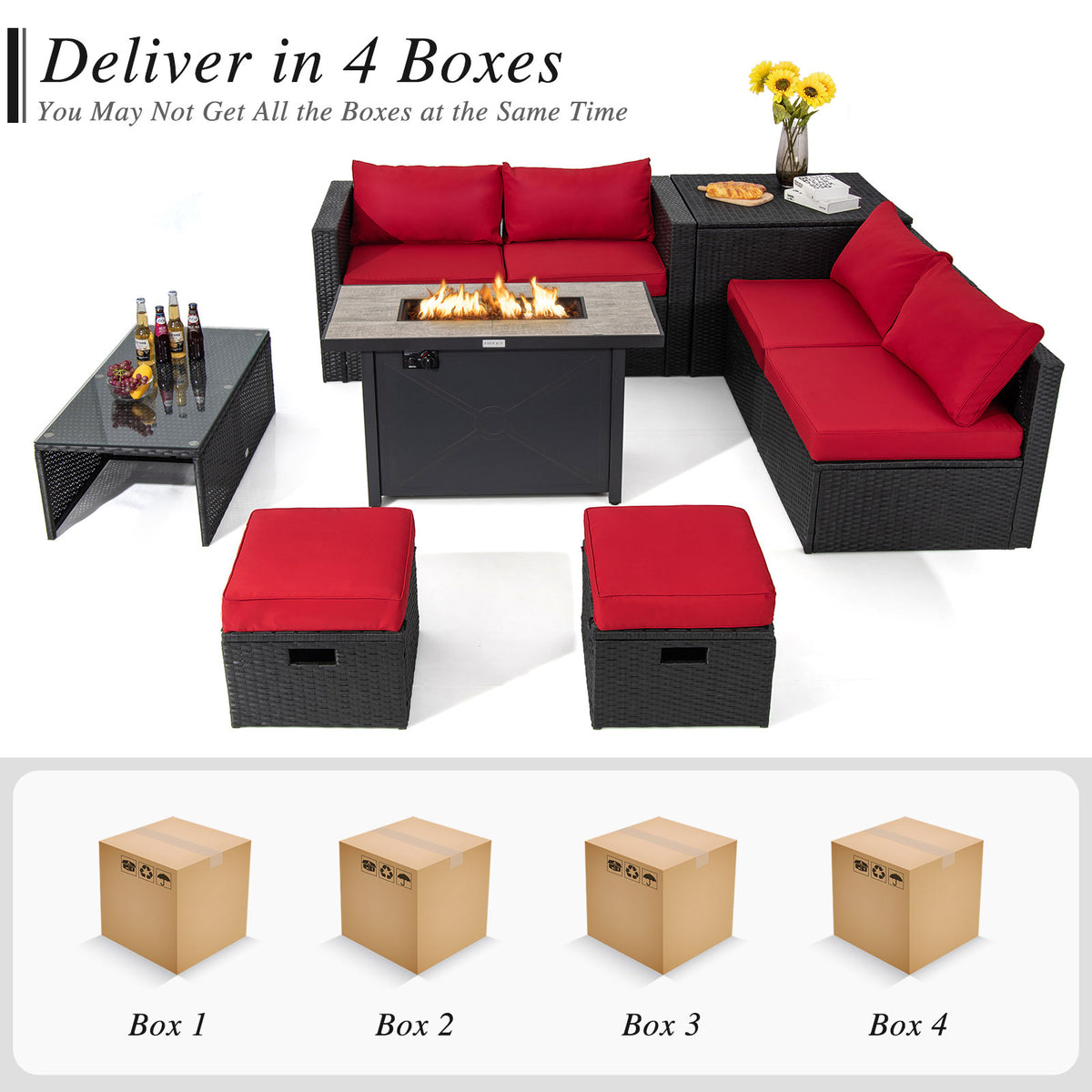 9 Pieces Outdoor PE Rattan Wicker Sectional Sofa with 42 Inch 60 000 BTU Gas Fire Pit Table