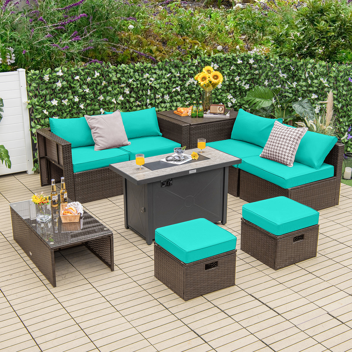 9 Pieces Outdoor Patio Furniture Set with 42 Inch Propane Fire Pit Table