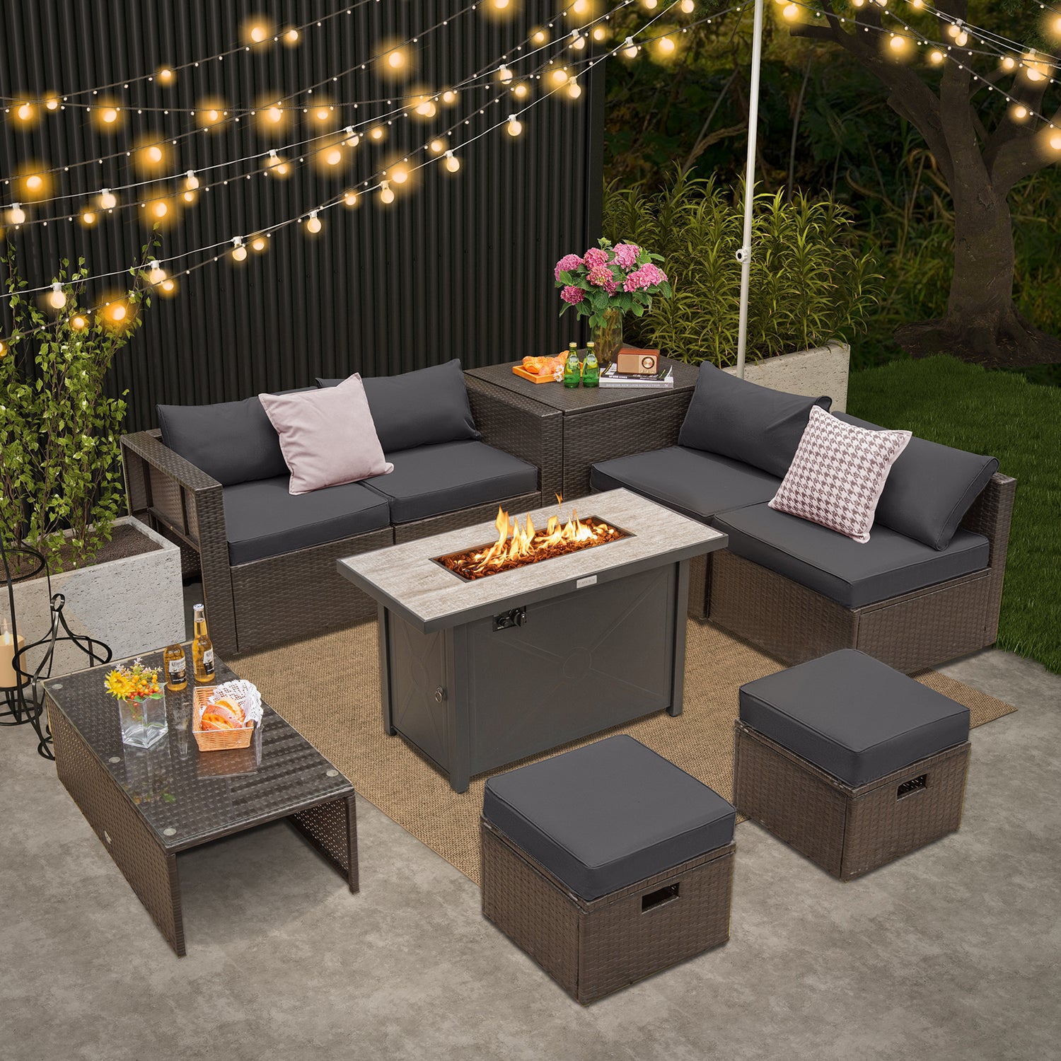 9 Pieces Outdoor Patio Furniture Set with 42 Inch Propane Fire Pit Table