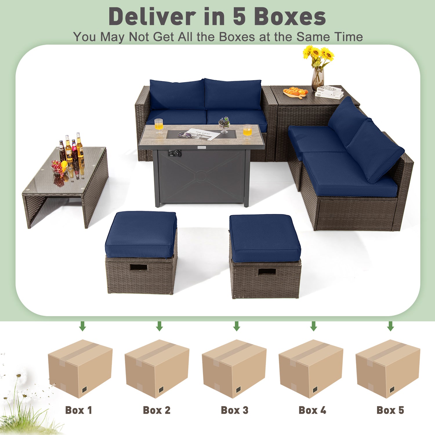 9 Pieces Outdoor Patio Furniture Set with 42 Inch Propane Fire Pit Table