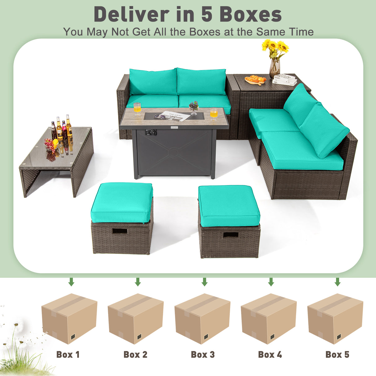 9 Pieces Outdoor Patio Furniture Set with 42 Inch Propane Fire Pit Table
