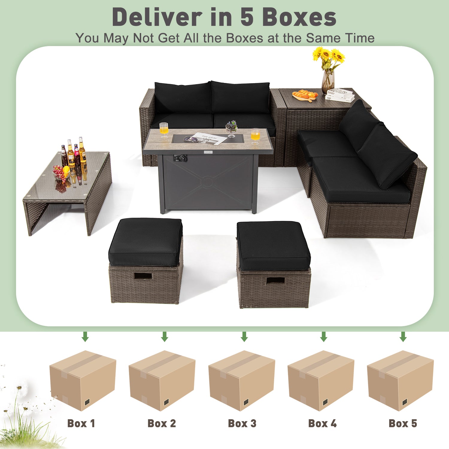 9 Pieces Outdoor Patio Furniture Set with 42 Inch Propane Fire Pit Table