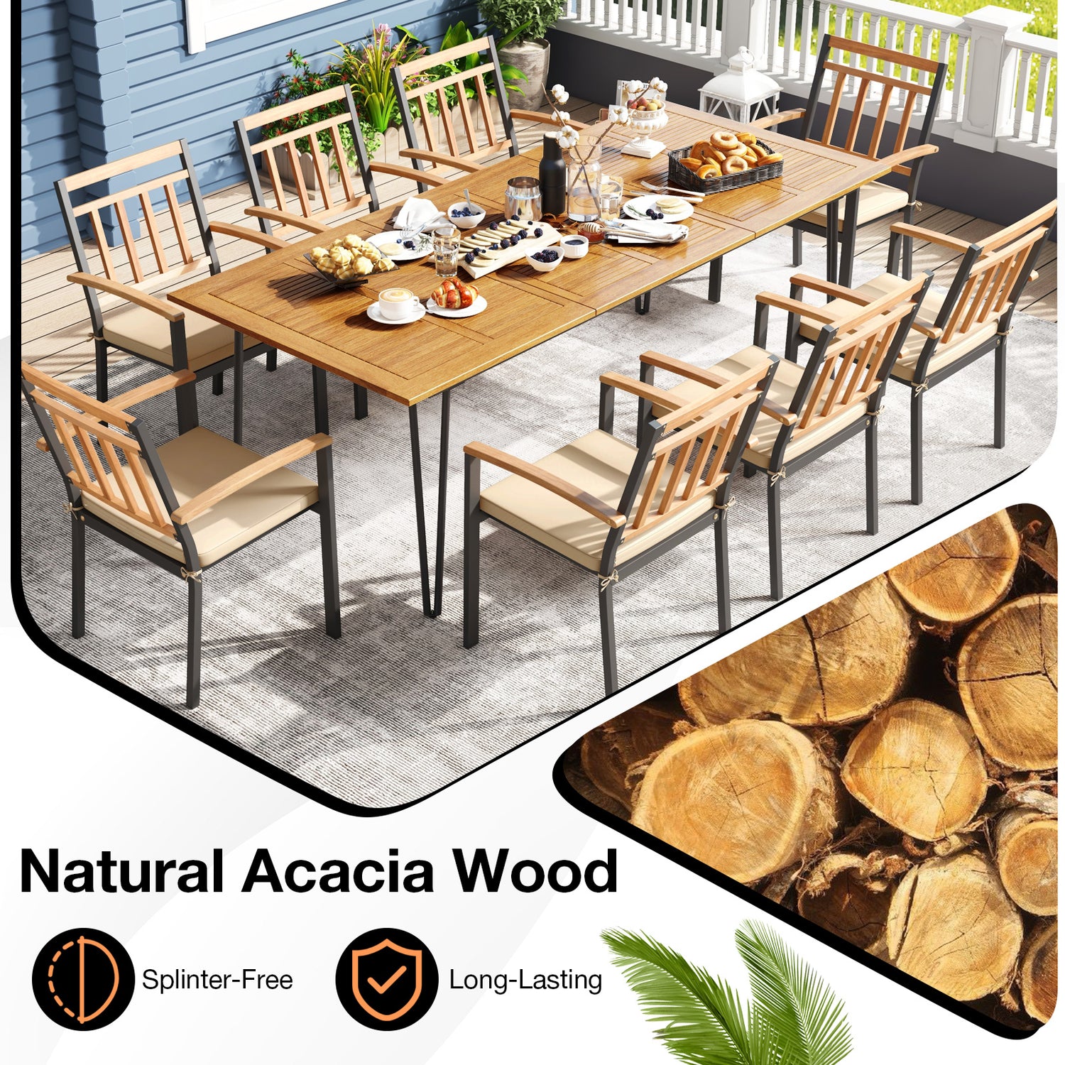 9 Pieces Patio Dining Outdoor Furniture Set with 8 Chairs and Umbrella Hole