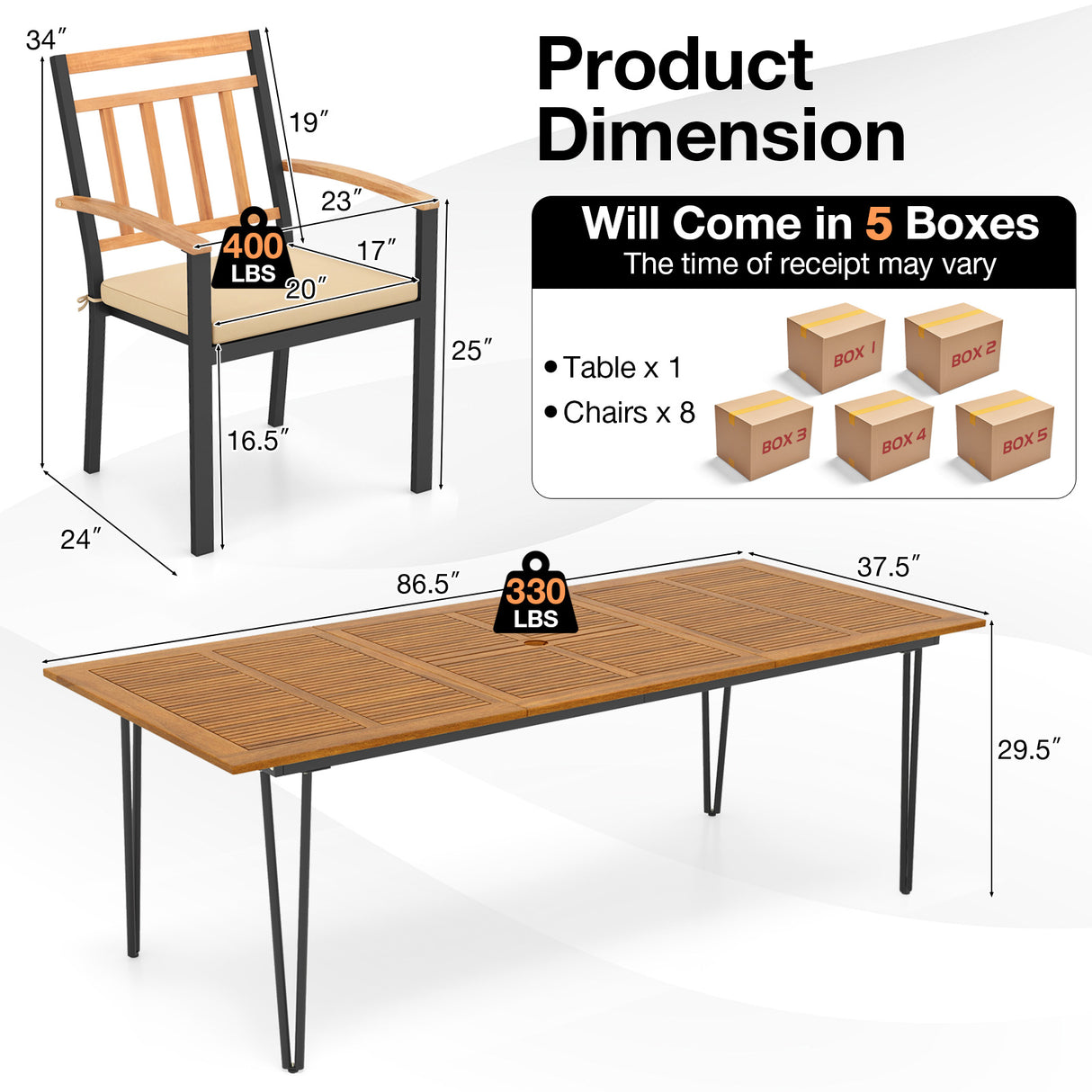 9 Pieces Patio Dining Outdoor Furniture Set with 8 Chairs and Umbrella Hole