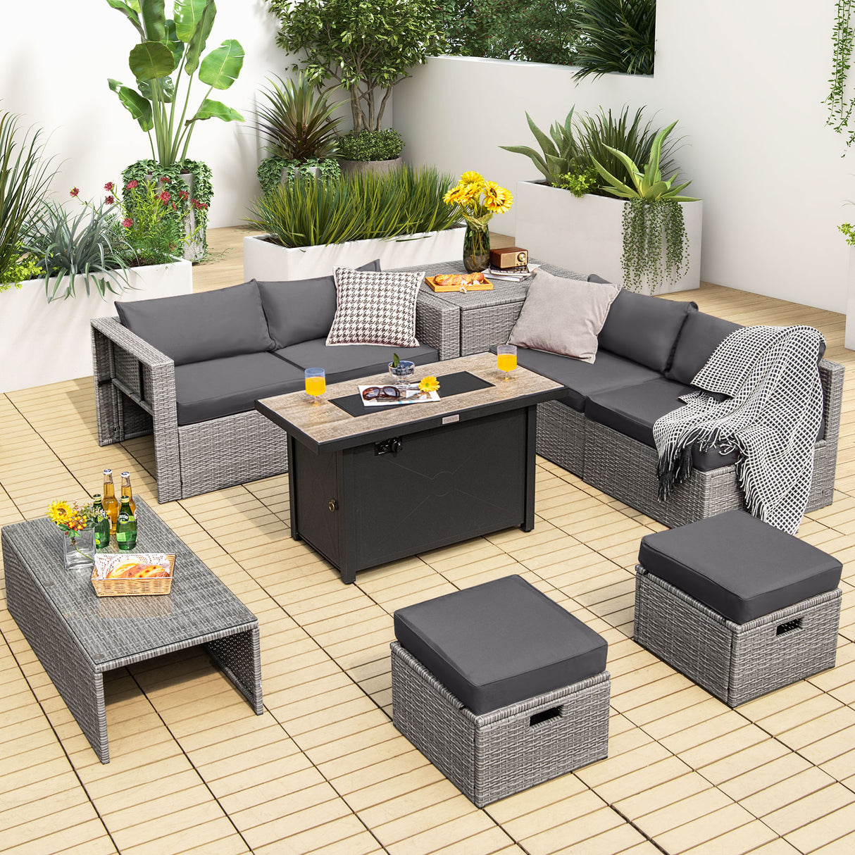 9 Pieces Patio Furniture Set with 42 Inches 60000 BTU Fire Pit