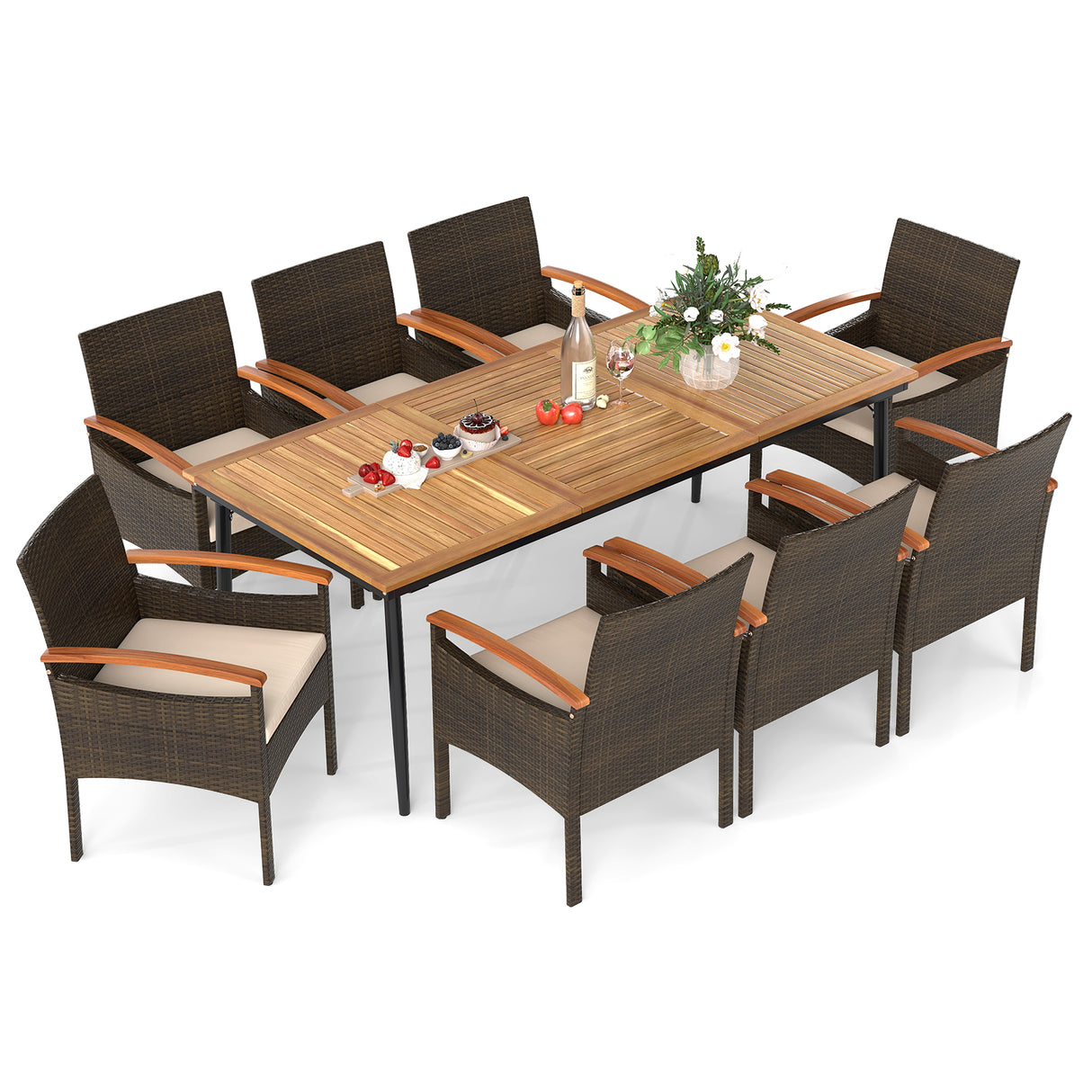 9 Pieces Patio PE Wicker Dining Set with Cushions and Umbrella Hole