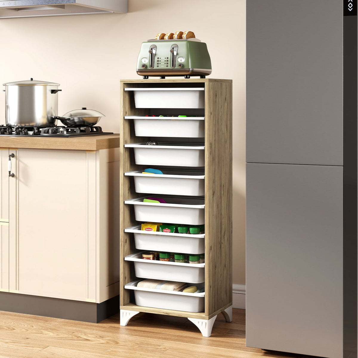 9-Tier Fruit and Vegetable Storage Rack Freestanding Wooden Pantry Organizer Cabinet