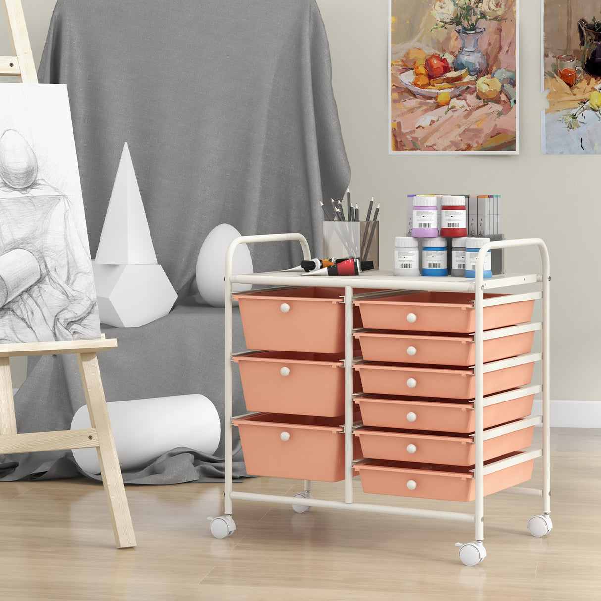 9-Drawer Rolling Storage Cart with Colorful Drawers and Metal Frame