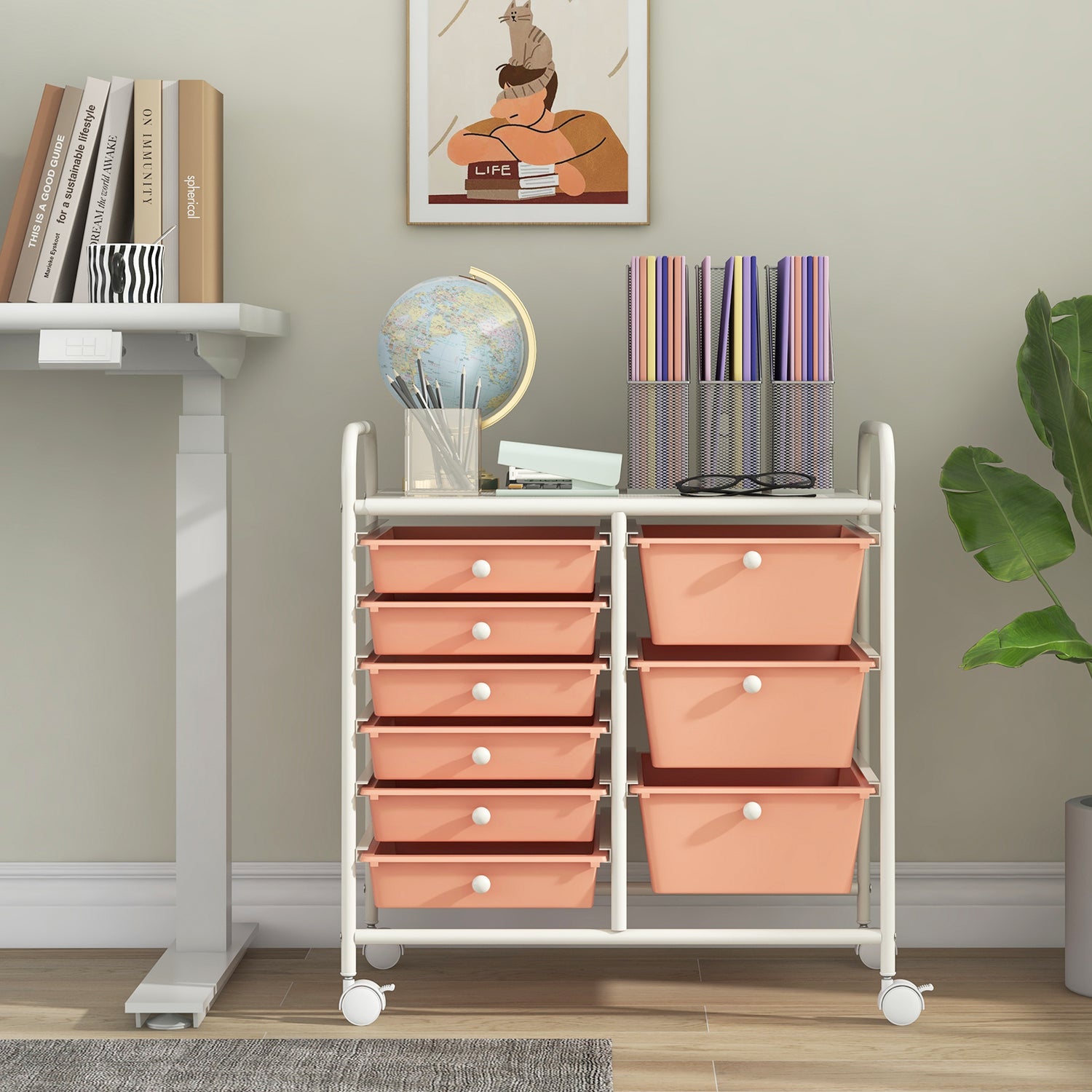 9-Drawer Rolling Storage Cart with Colorful Drawers and Metal Frame