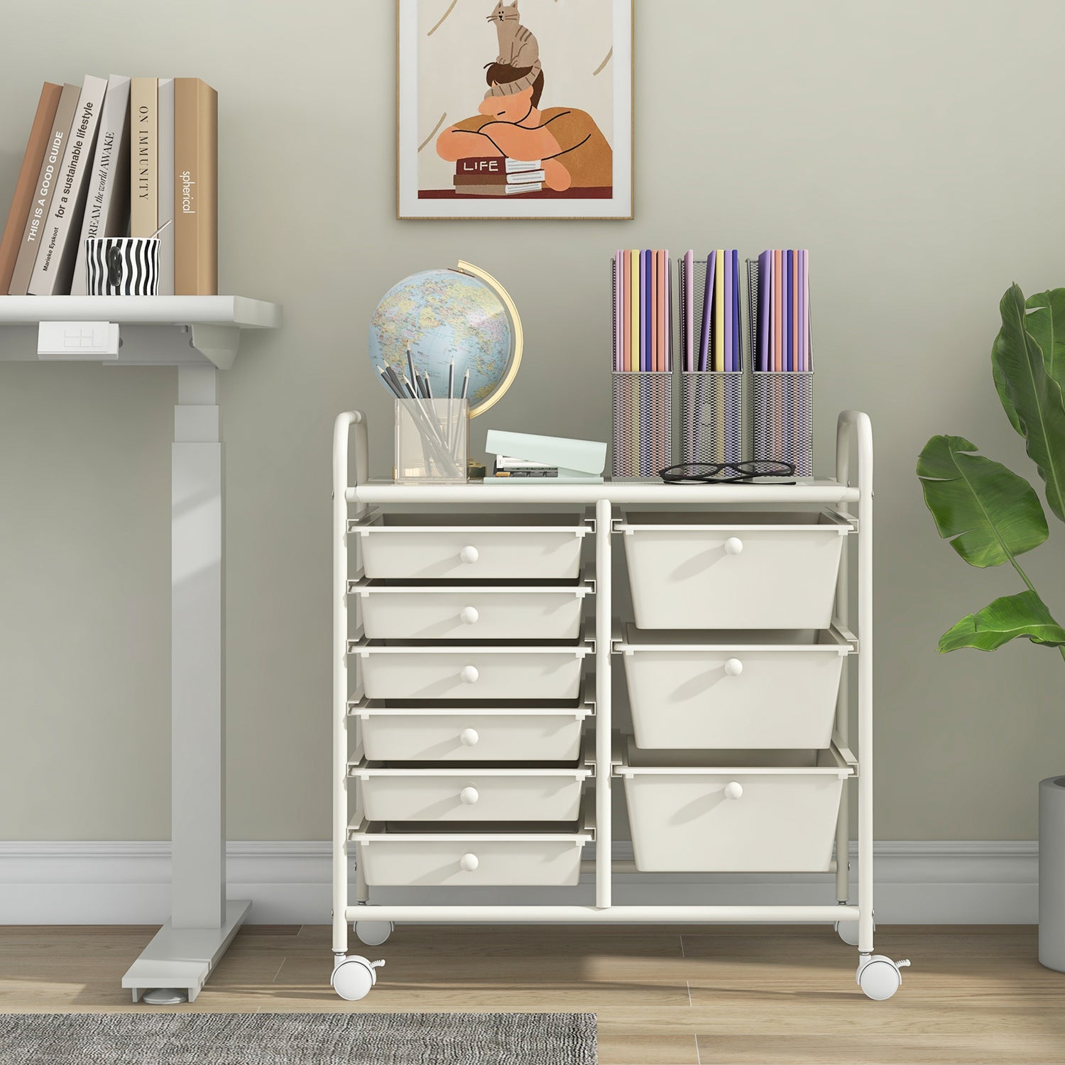9-Drawer Rolling Storage Cart with Colorful Drawers and Metal Frame