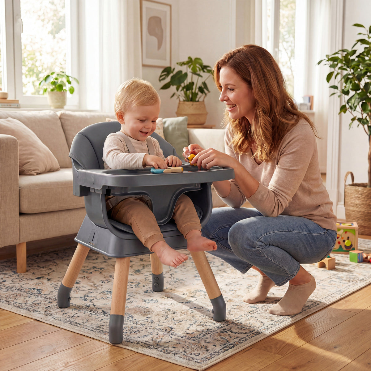 9-in-1 Convertible High Chair with Solid Wood Legs for Babies and Toddlers