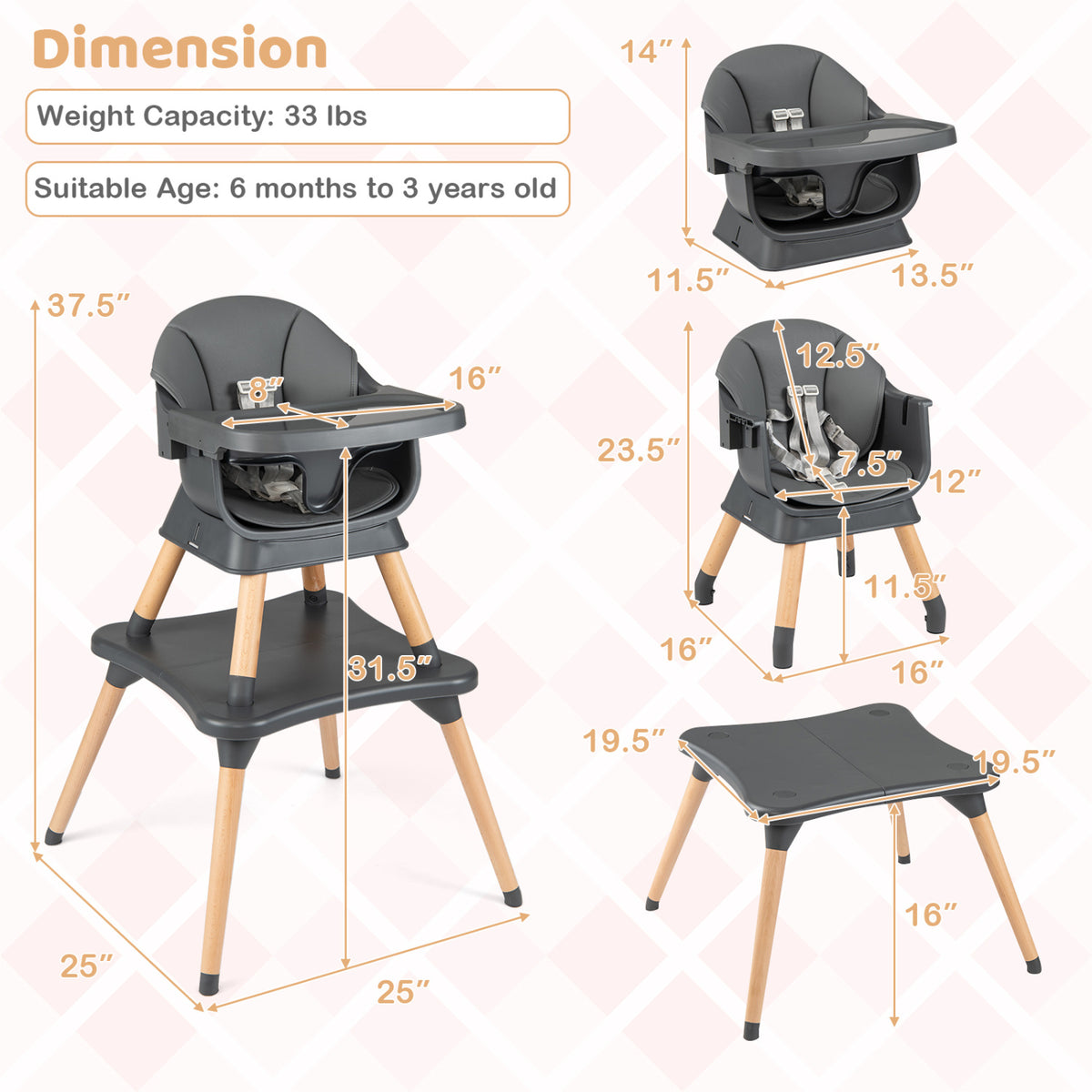 9-in-1 Convertible High Chair with Solid Wood Legs for Babies and Toddlers