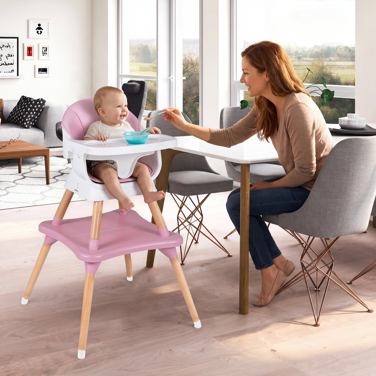 9-in-1 Convertible High Chair with Solid Wood Legs for Babies and Toddlers