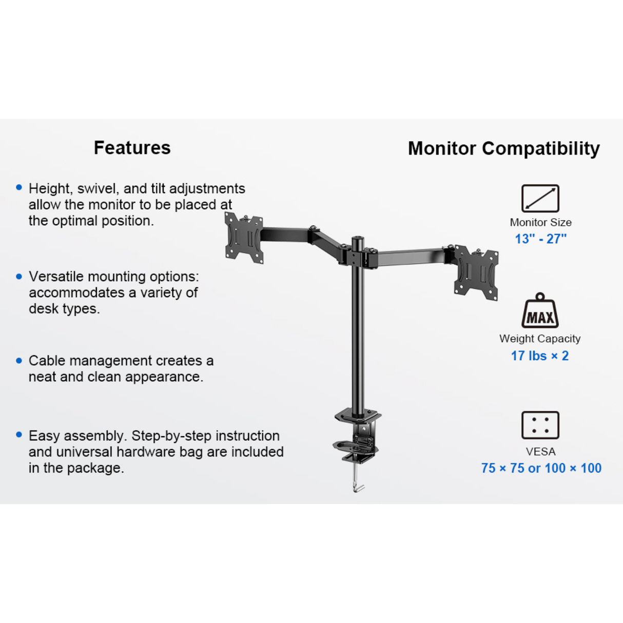 ErgoAV Motion Desk Stand for Dual Monitors 13" to 27" up to 17lbs