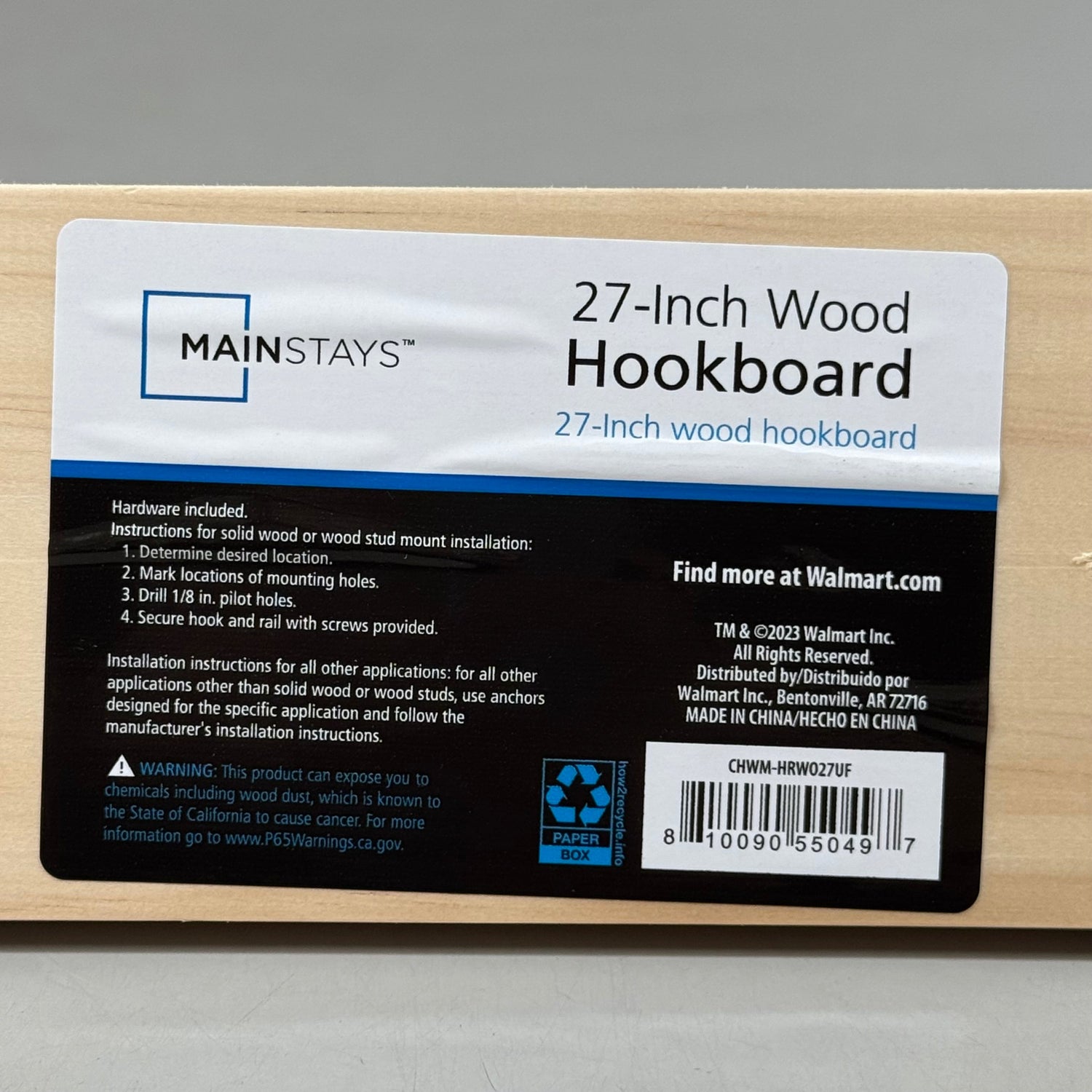 MAINSTAYS (2 PACK) Wall Mounted Hook Rack 5 Pegs 27" Unfinished Wood Finish